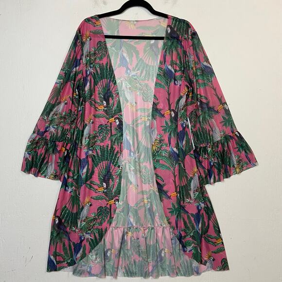None Other - Pink Bird Swimsuit Cover Up Beach Cruise Open Front Bell Sleeves Size Small
